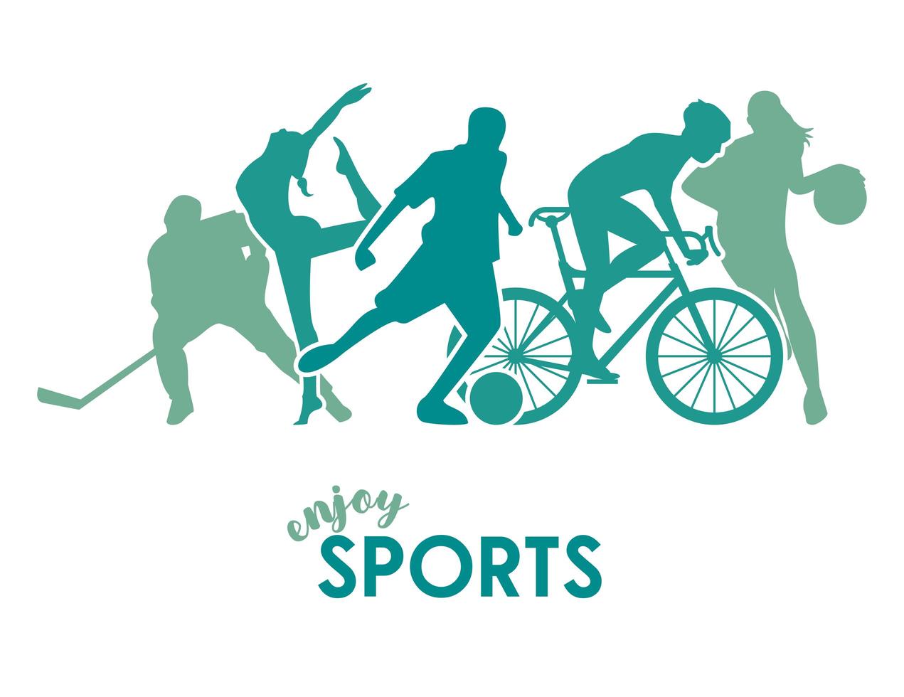 sports time poster with green athletes figures silhouettes vector