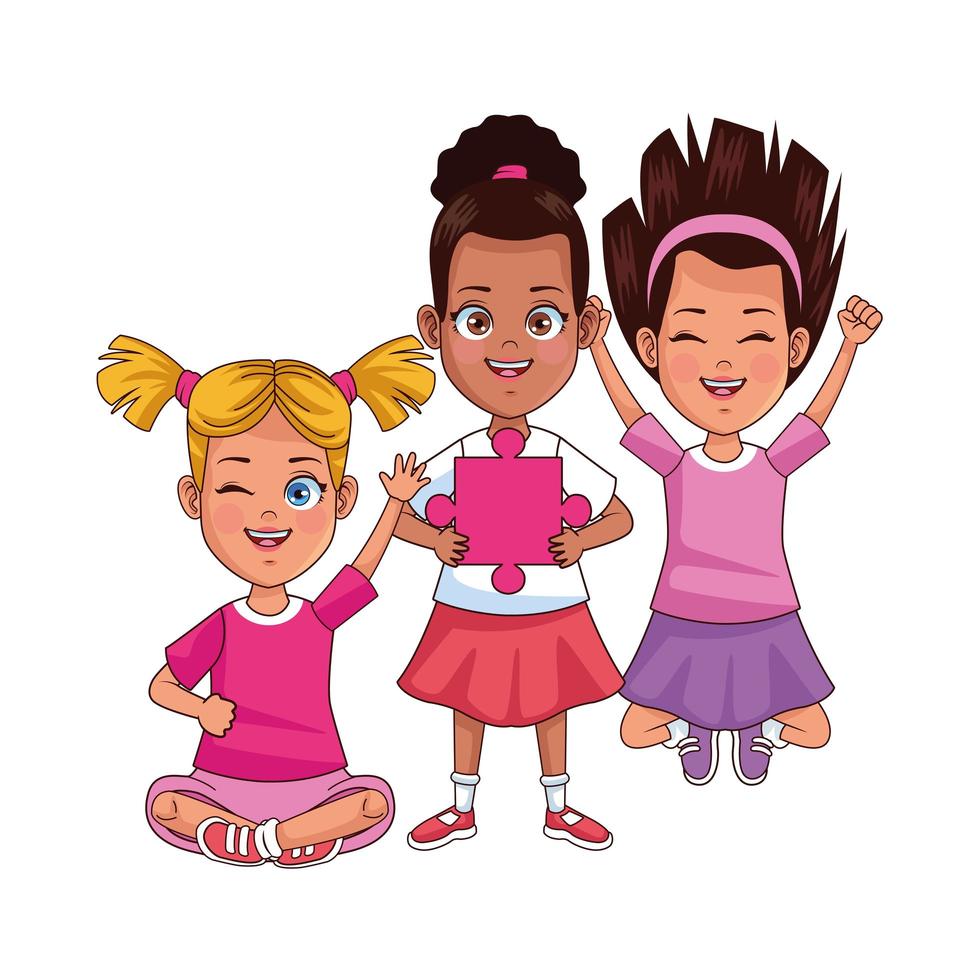 happy interracial girls with puzzle piece vector