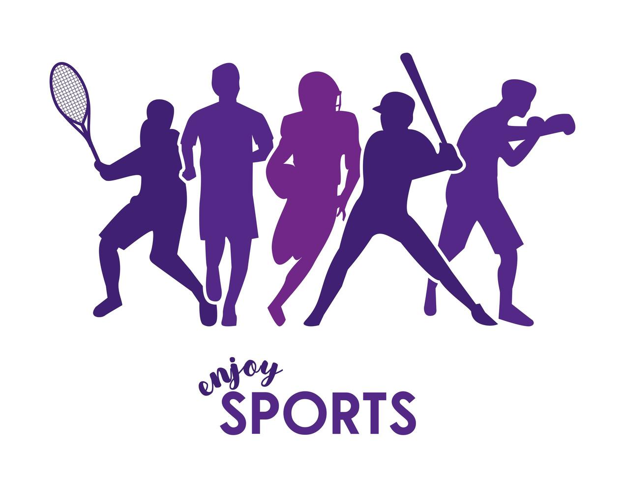 sports time poster with purple athletes silhouettes vector