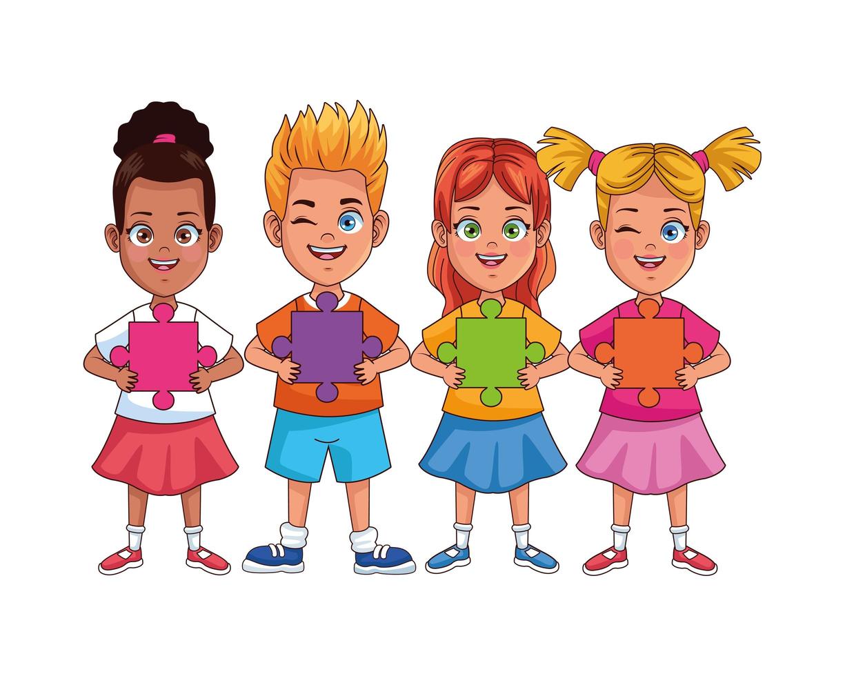 happy interracial kids with puzzle pieces characters vector