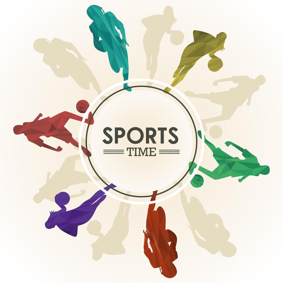 sports time poster with athletes figures in circular frame vector