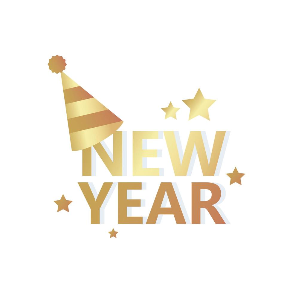 feliz año nuevo letras doradas con sombrero de fiesta y estrellas vector