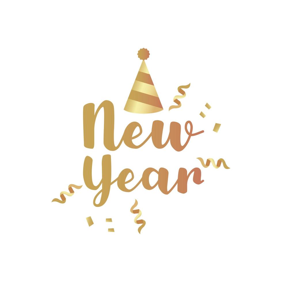 happy new year golden lettering with confetti and hat vector