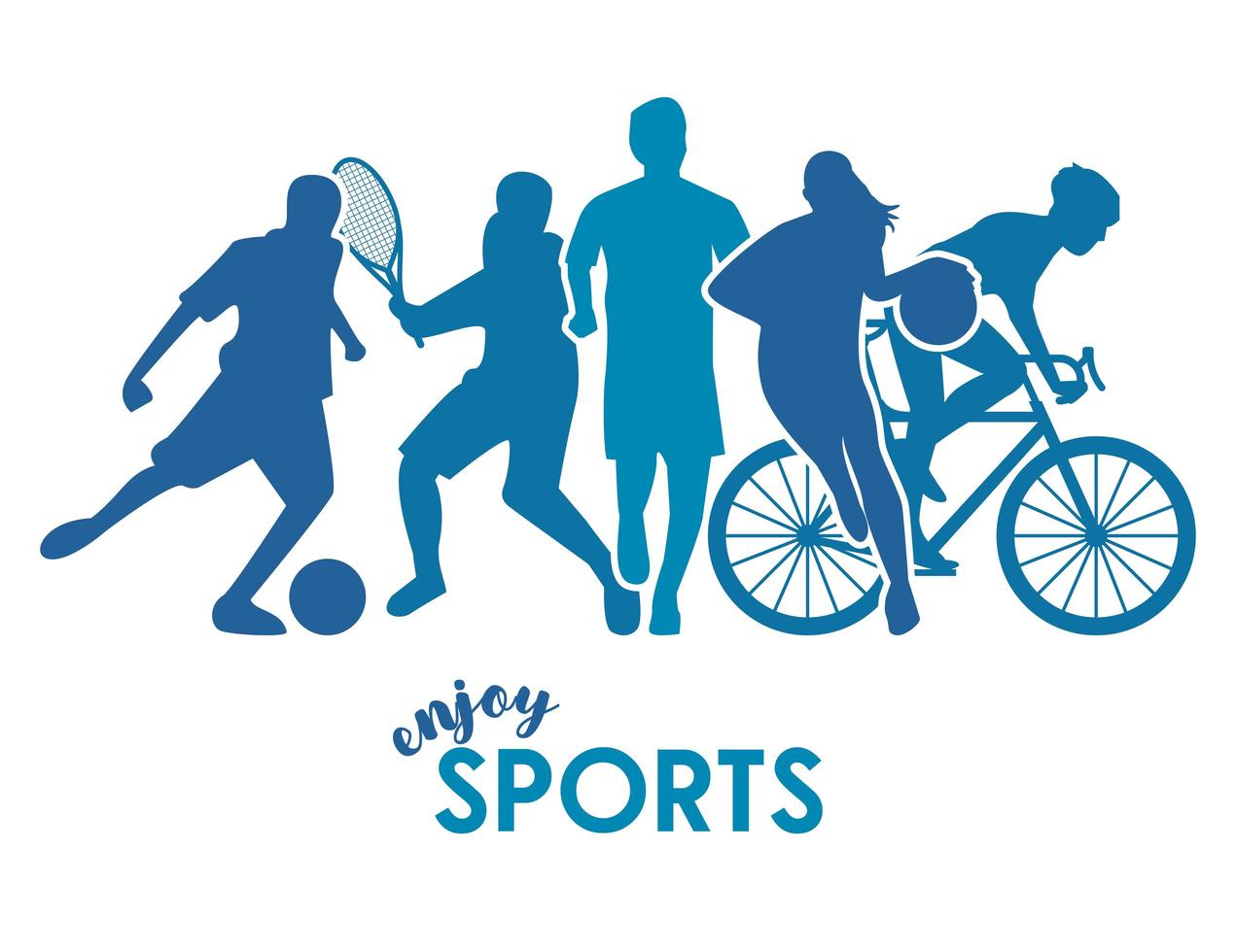 sports time poster with blue athlete silhouettes vector