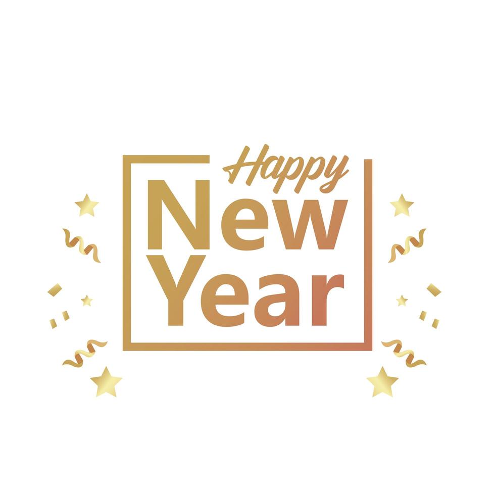 happy new year golden lettering with confetti in square frame vector