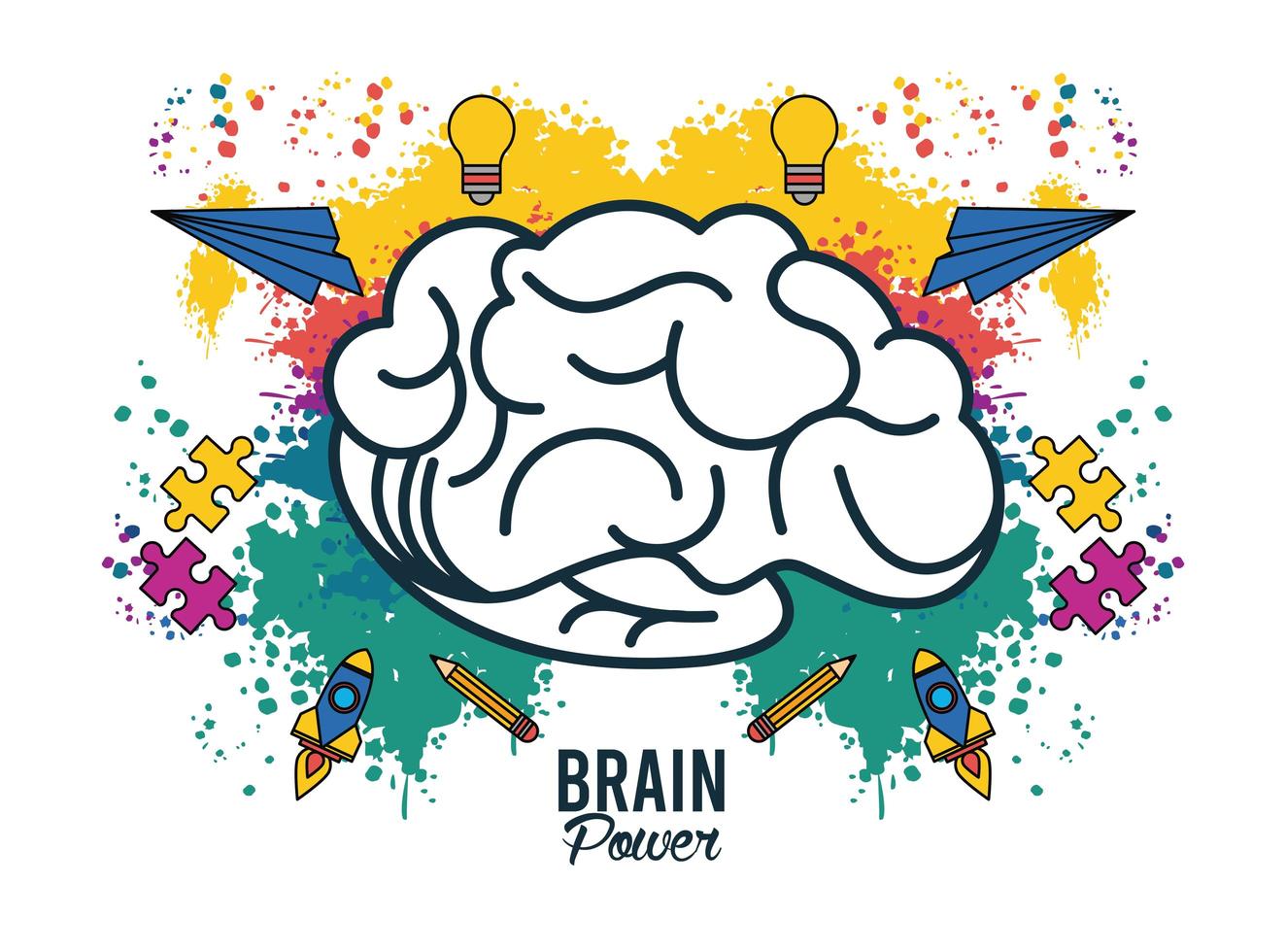 brain power with colors splash and set icons vector