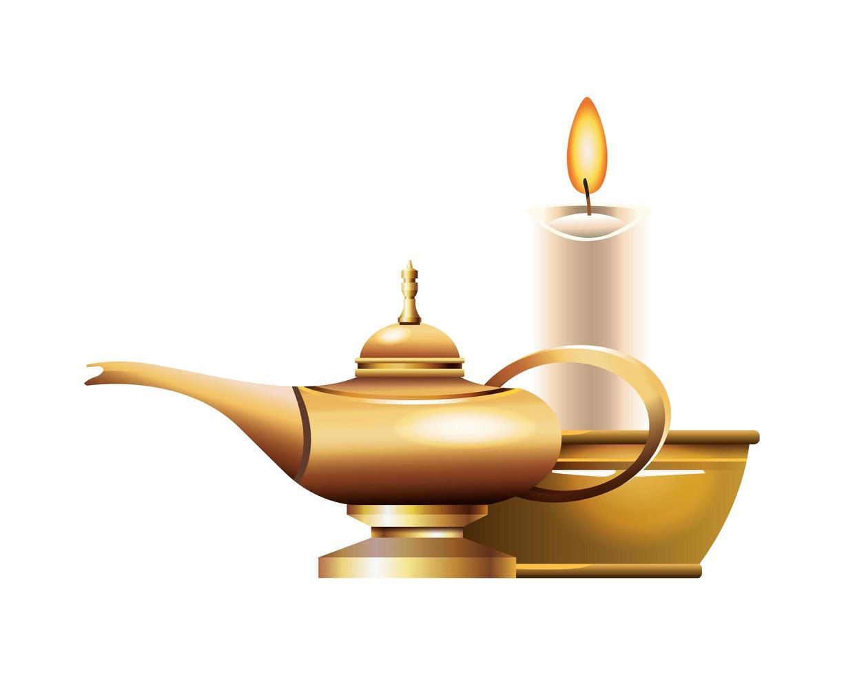 Antique golden magic lamp and candle vector