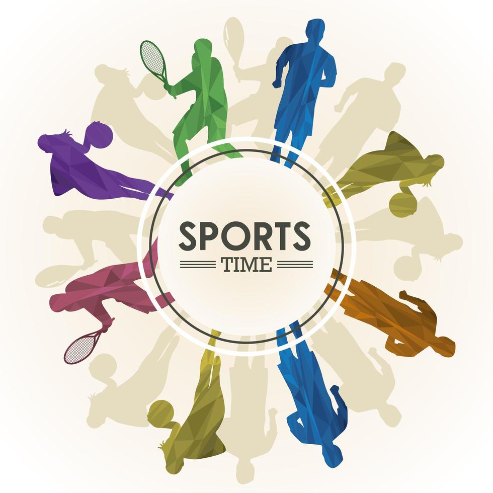 sports time poster with athlete silhouettes in circular frame vector