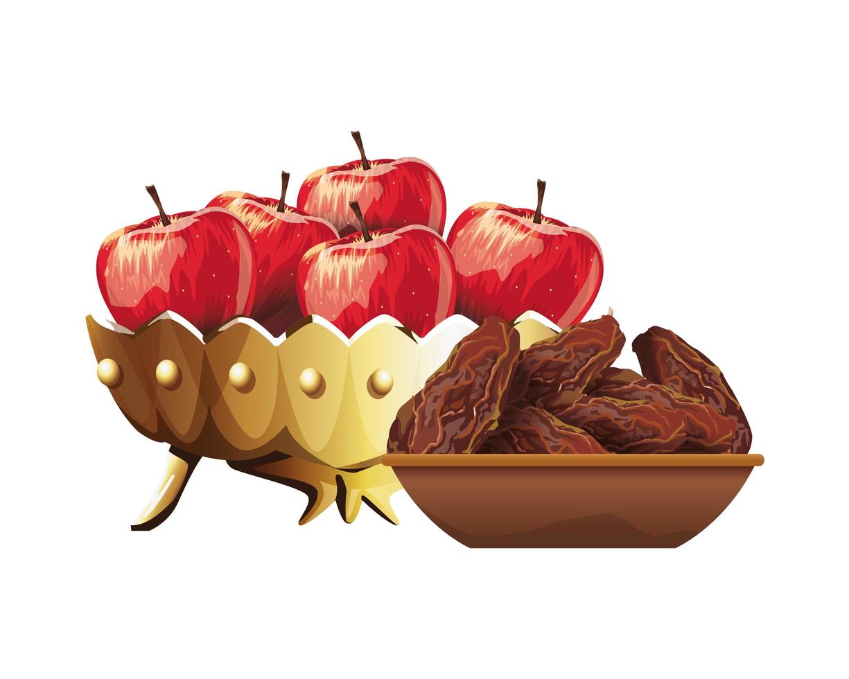 plato de Ramadán Kareem con icono de comida y manzanas vector