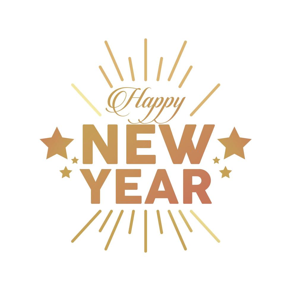 happy new year golden lettering in sunburst frame with stars vector