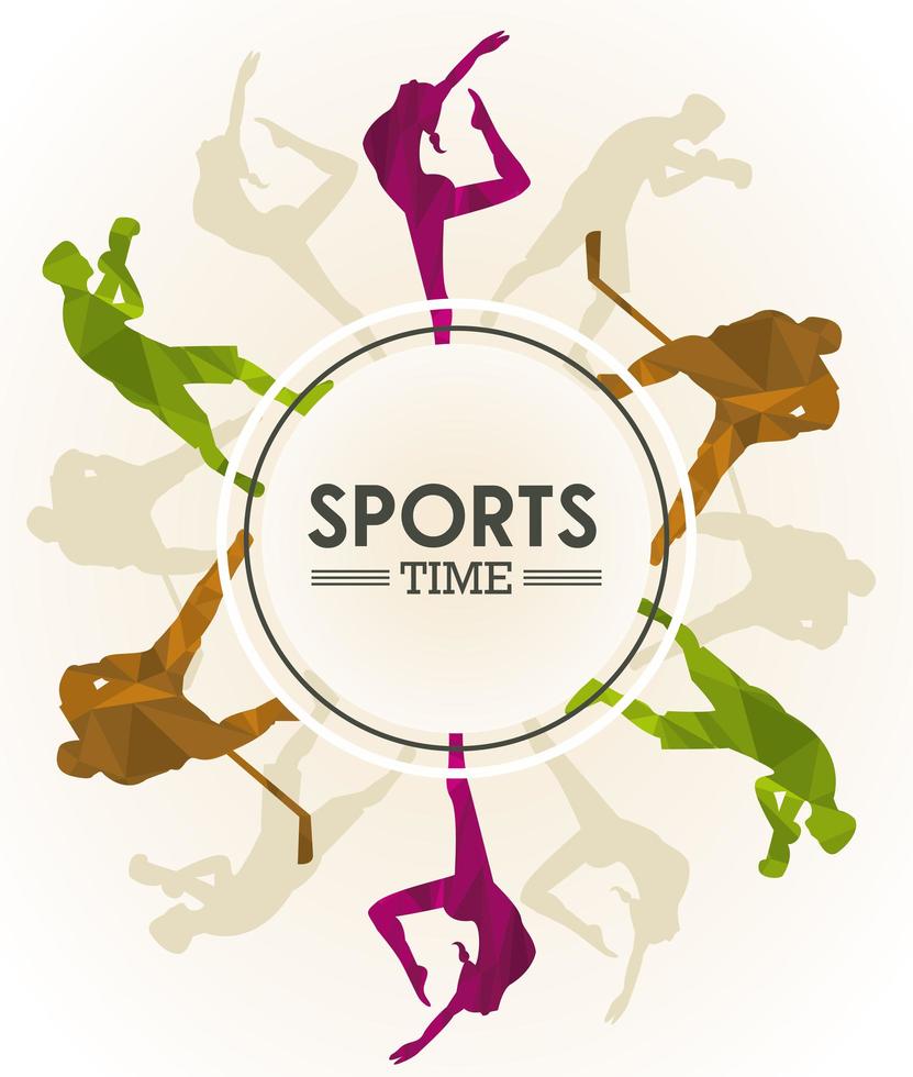 sports time poster with athletes figures silhouettes in circular frame vector