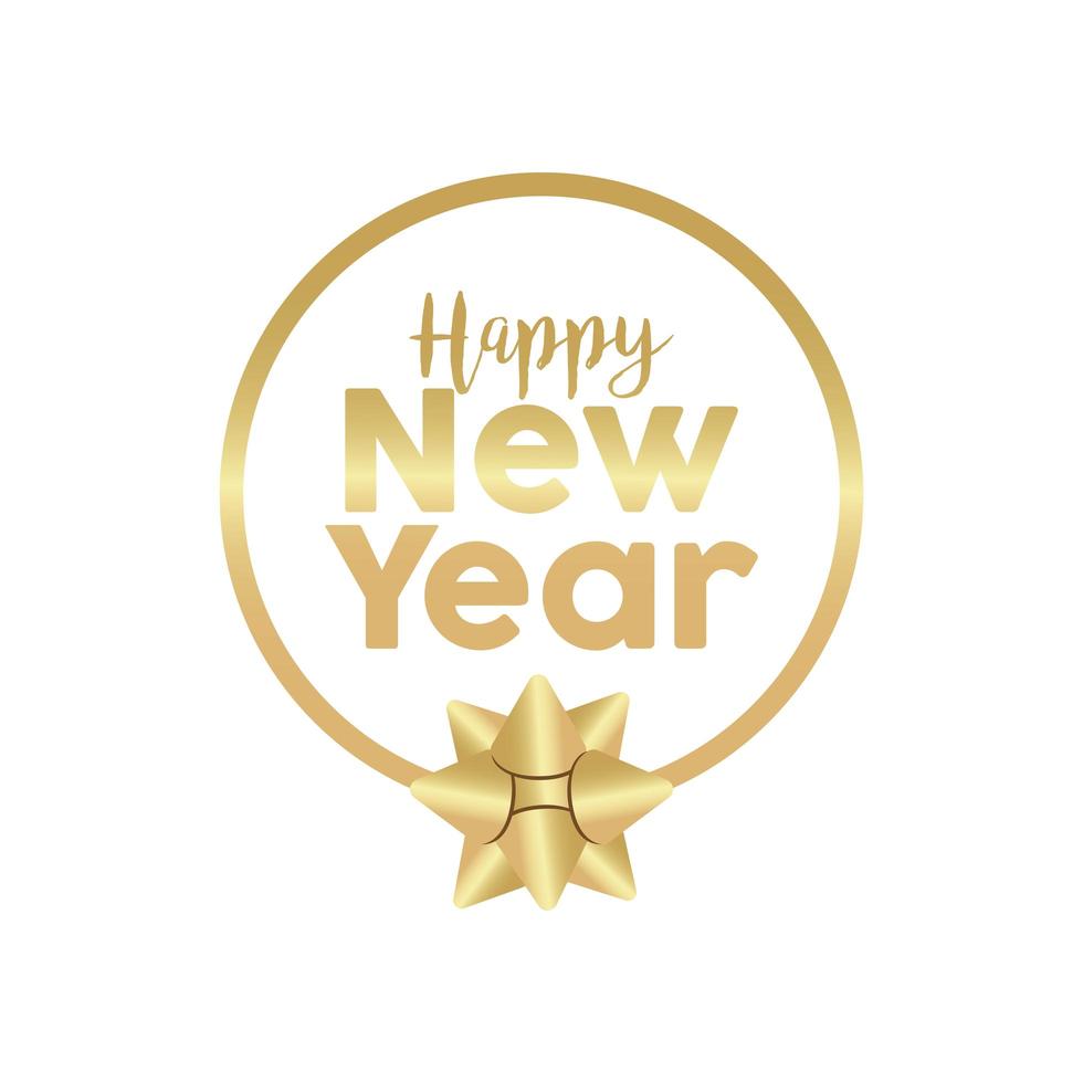 happy new year golden lettering with bow in circular frame vector