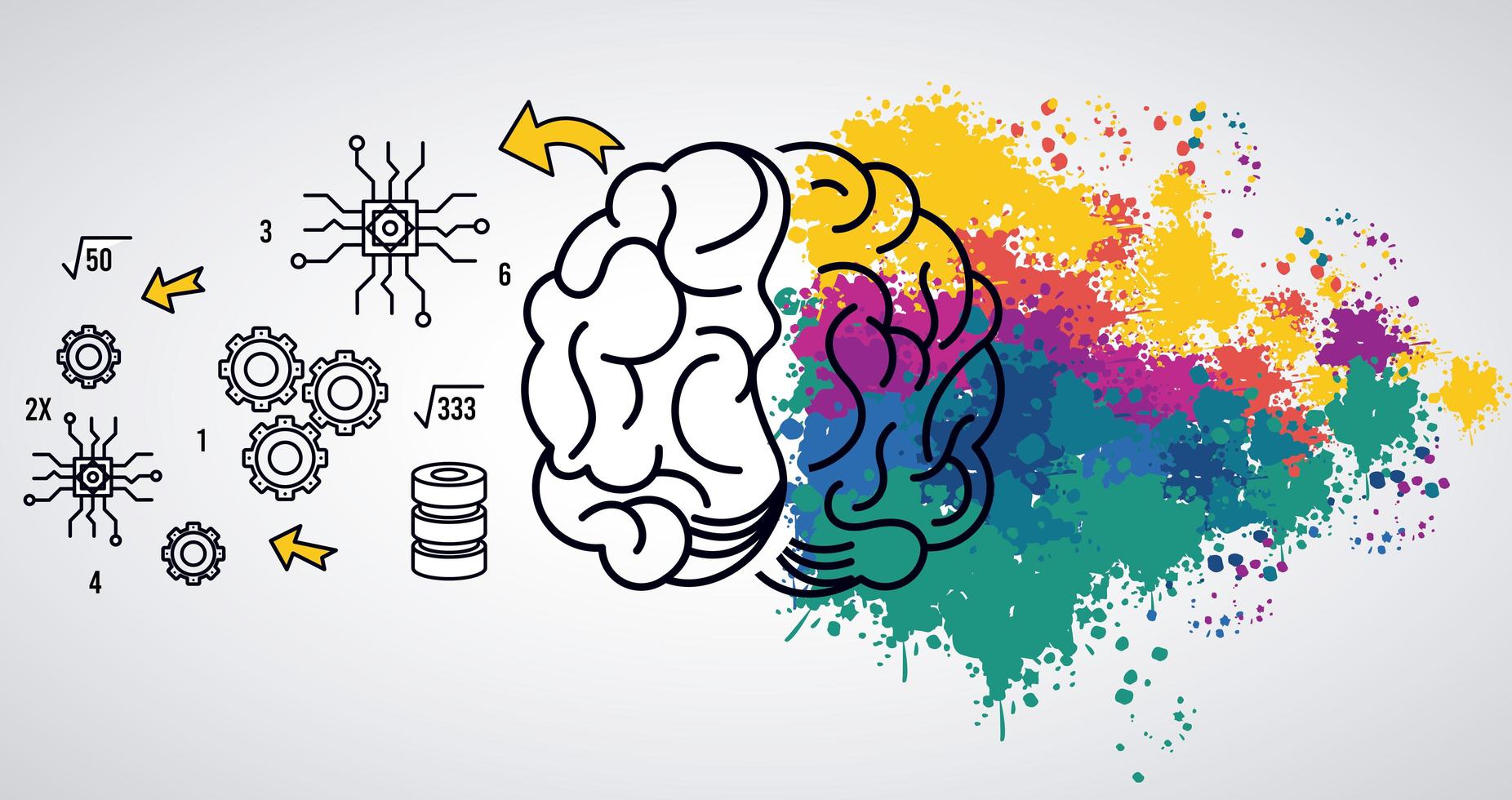 brain power template with colors splash and set items vector