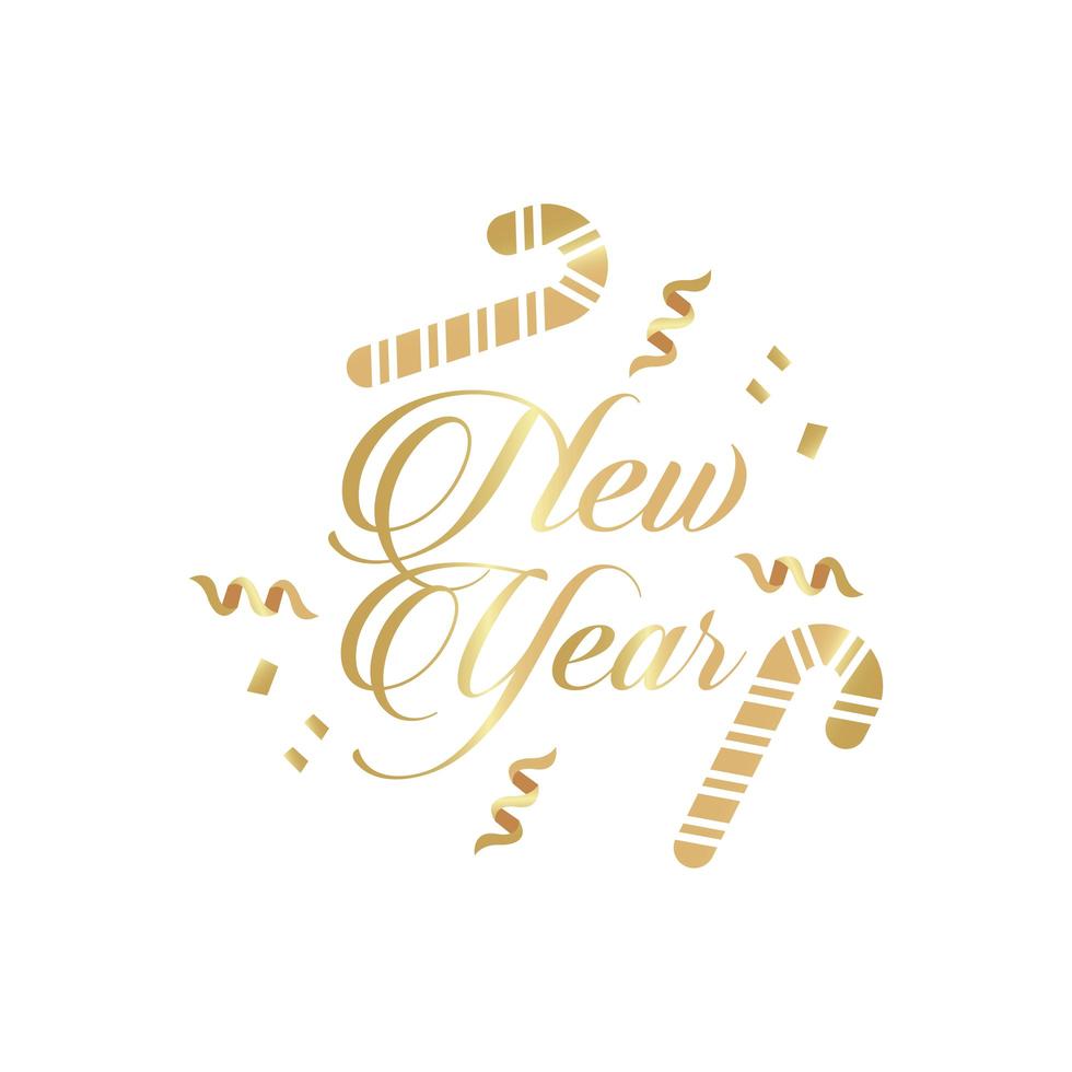 happy new year golden lettering with confetti and sweet canes vector