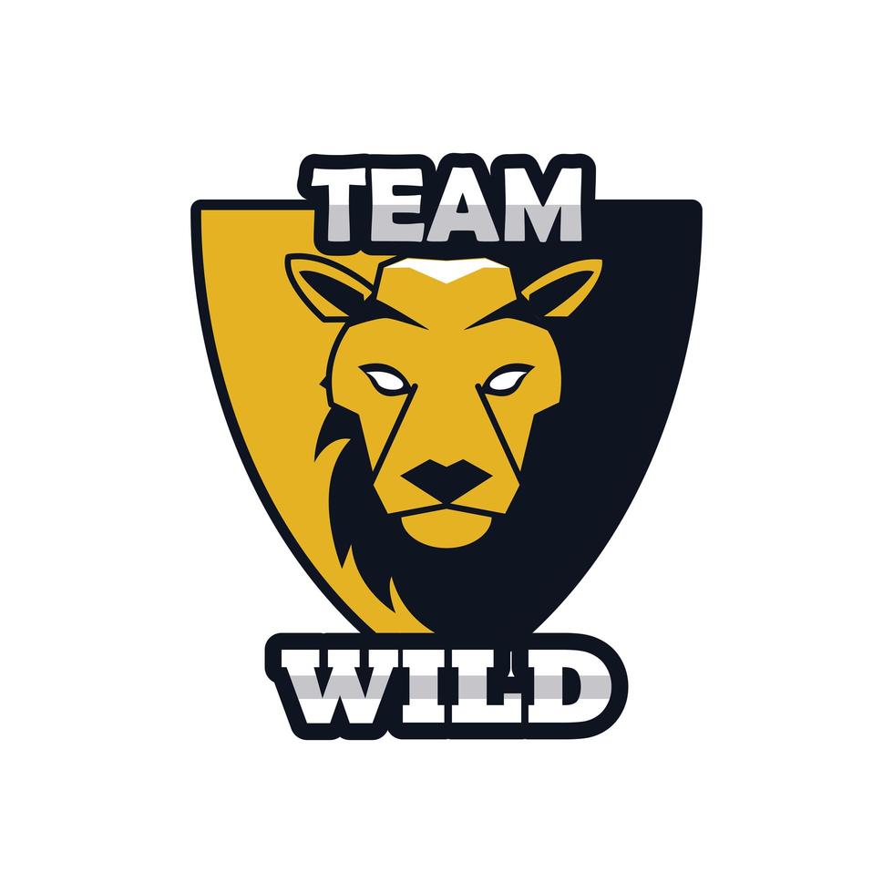 lion in shield head animal emblem icon with team wild lettering vector