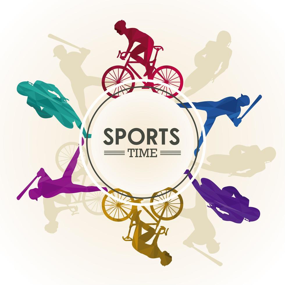 sports time poster with athletes silhouettes in circular frame vector