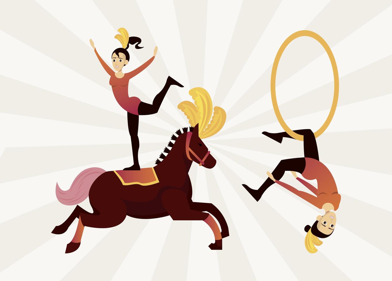 artistas de circo femeninas colgando del anillo y montando un caballo vector