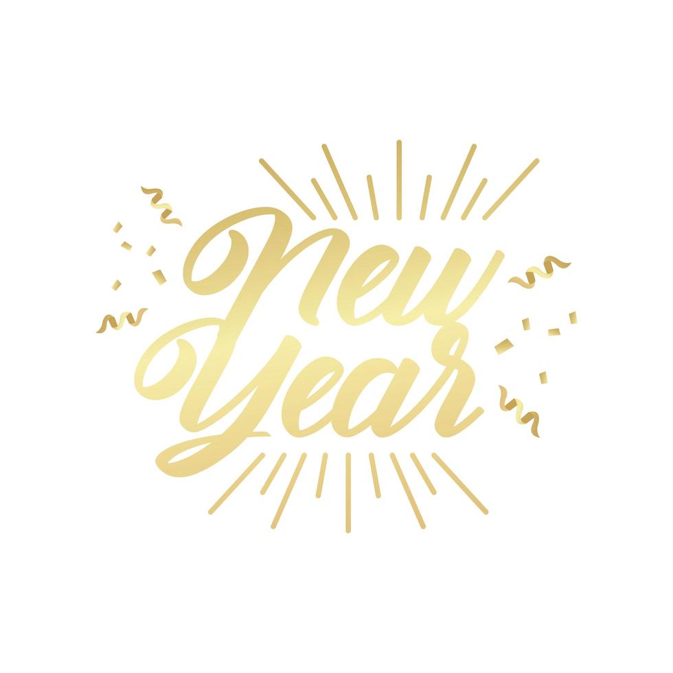 happy new year golden lettering in sunburst frame with confetti vector