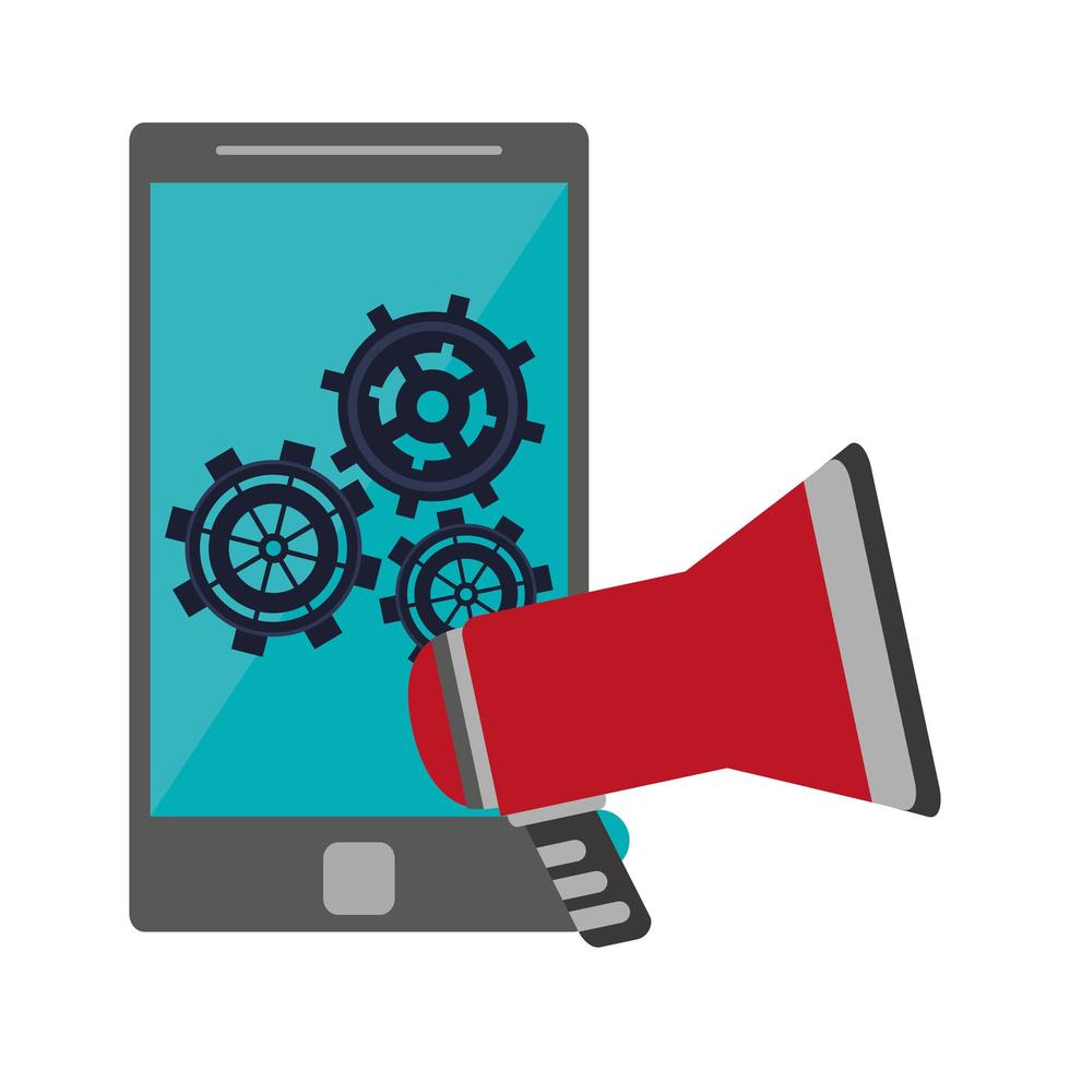 megaphone and smartphone with gears vector