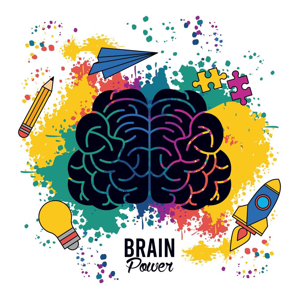 Póster de energía cerebral con salpicaduras de colores y establecer iconos creativos vector