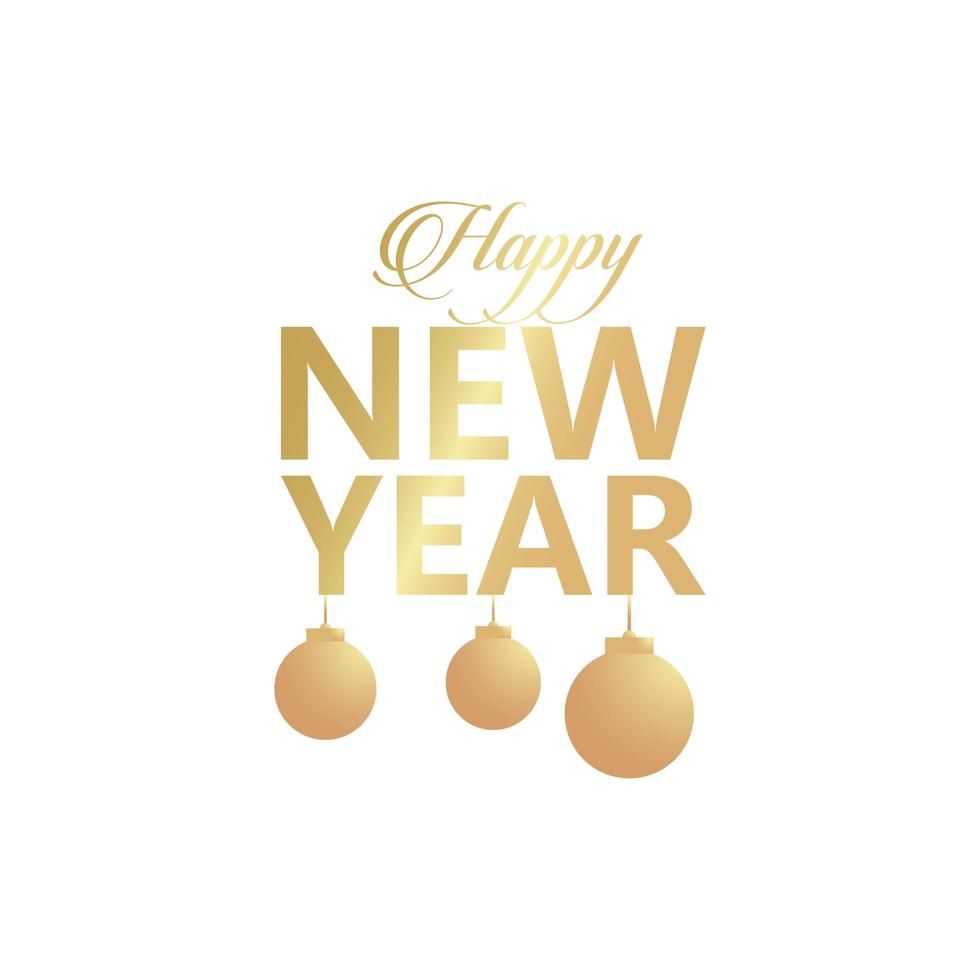 happy new year golden lettering with hanging ornaments vector