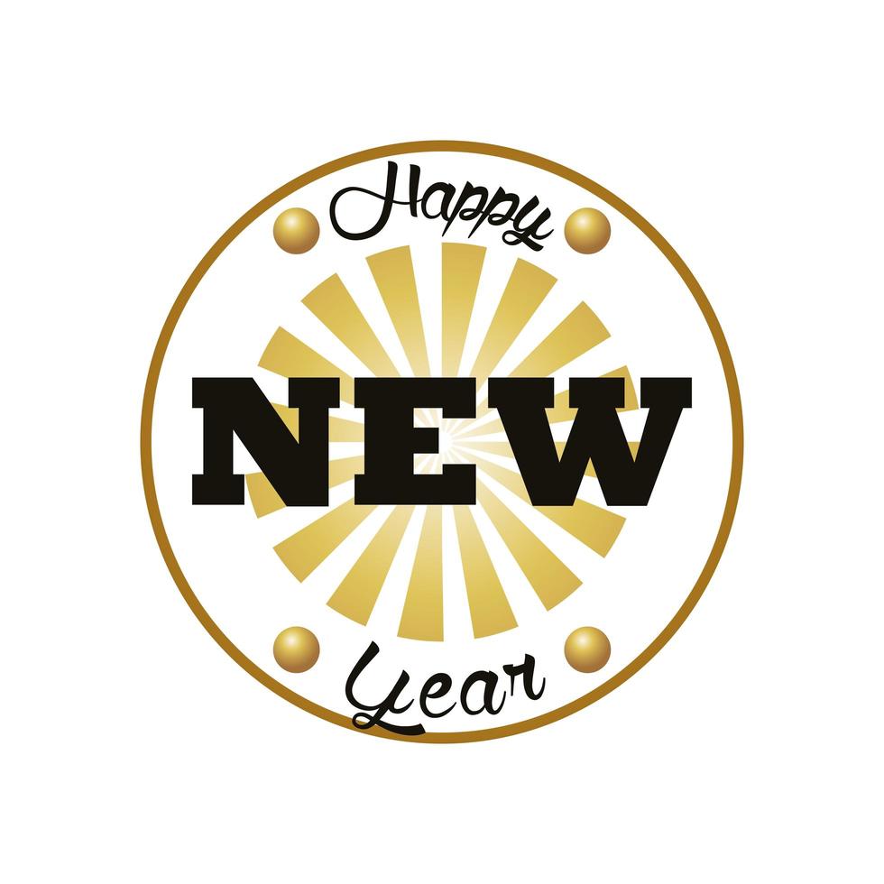 Feliz año nuevo tarjeta de letras en marco circular dorado vector