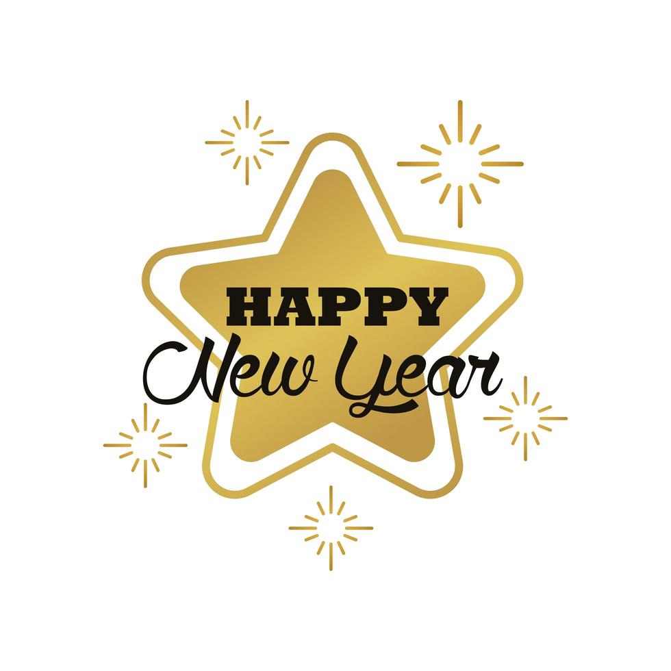 happy new year lettering card with golden snowflakes and star vector