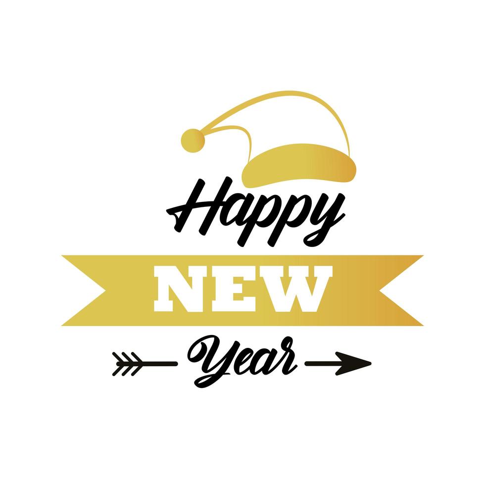 happy new year lettering card with golden santa hat and ribbon vector