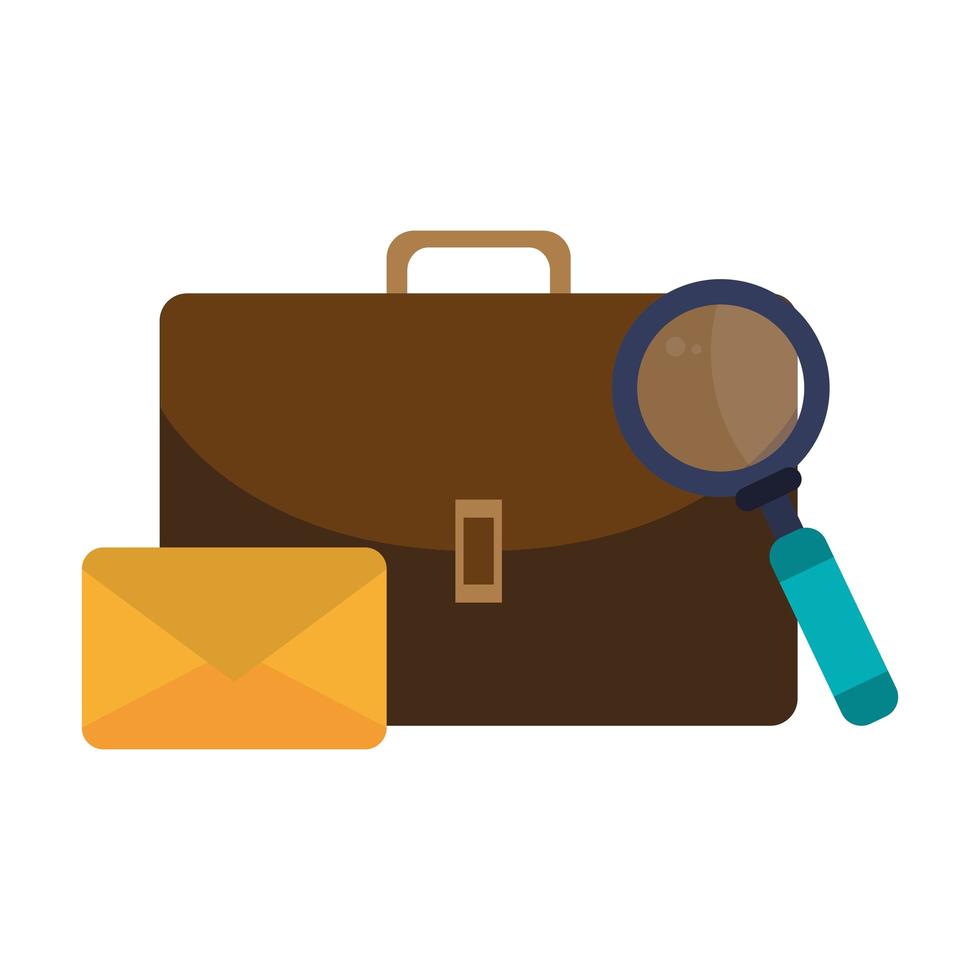 mail envelope, suitcase, and magnifying glass vector