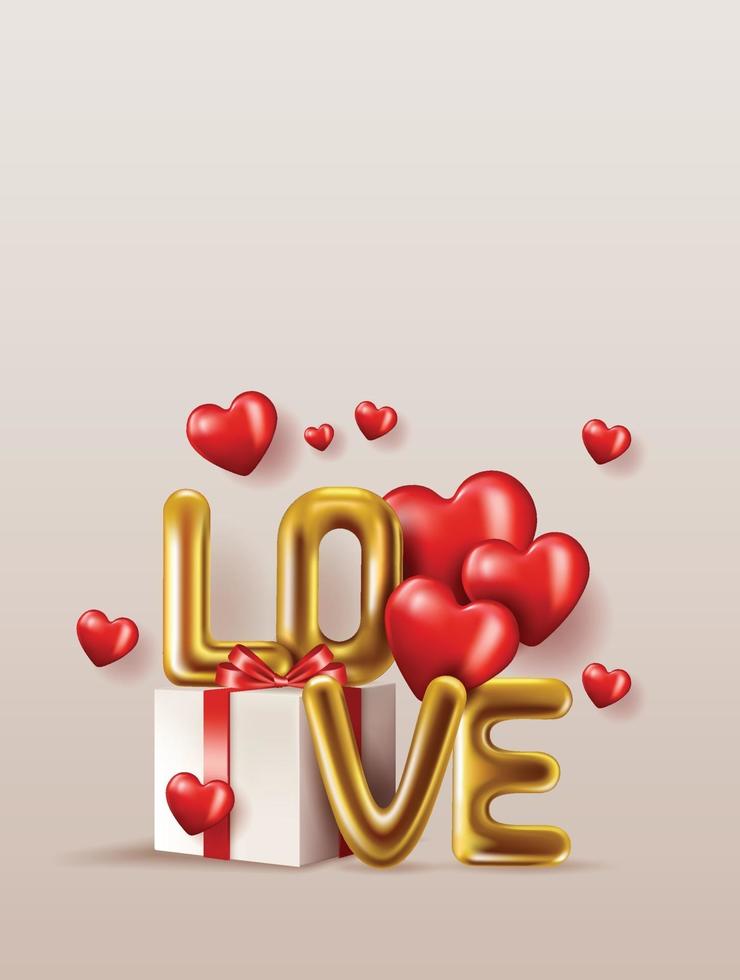 Tarjeta de felicitación de banner de vector de feliz día de San Valentín con elementos de San Valentín como regalo y diseño de corazones en fondo rojo. Amor de texto metálico dorado, globos rojos realistas. ilustración vectorial