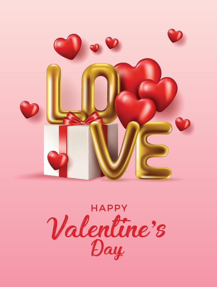 Happy Valentine's Day banner. Holiday background design with big heart made of pink, red Hearts on black fabric background. Horizontal poster, flyer, greeting card, header for website. Gold metallic text Love, realistic red balloons. Vector Illustration