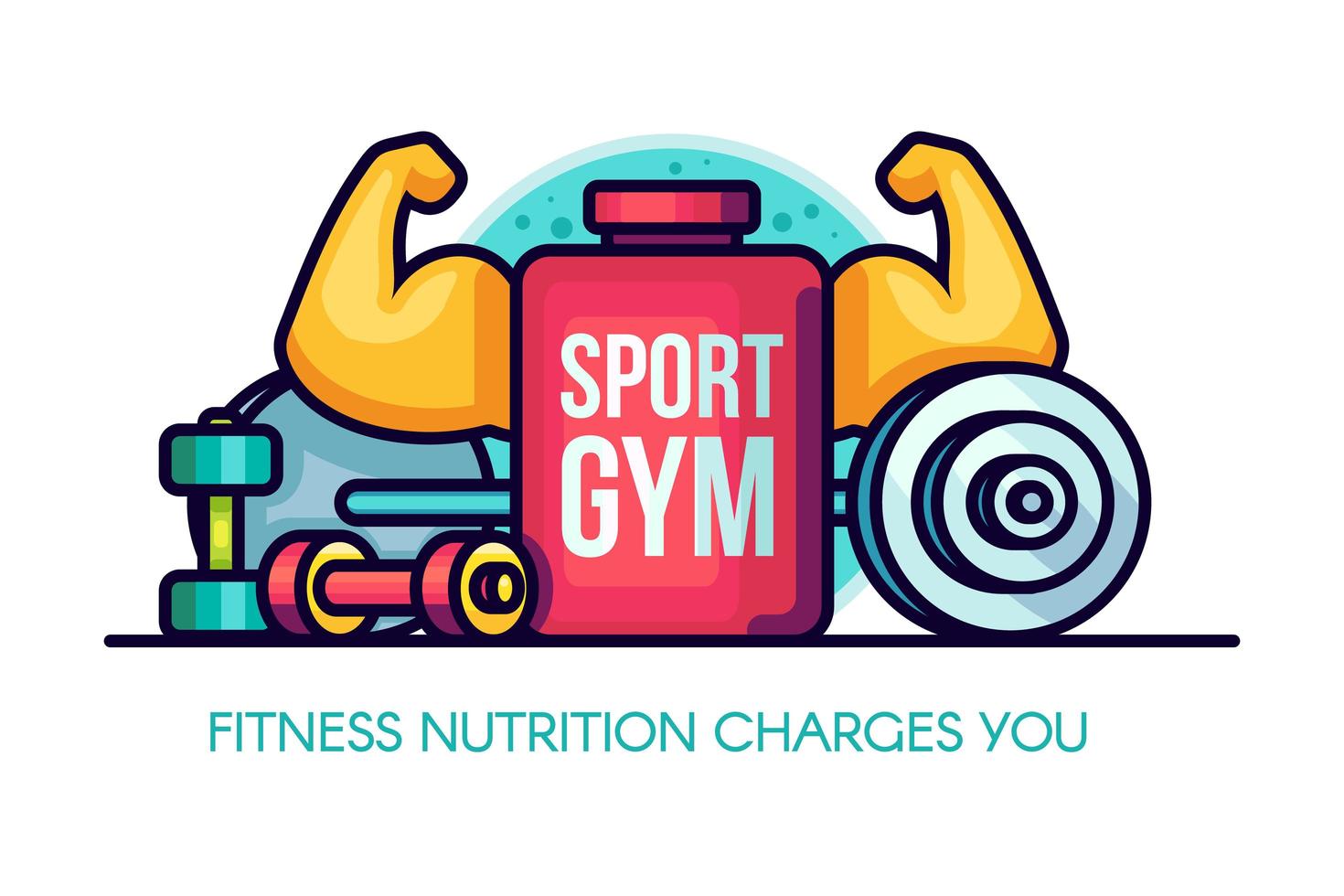 Sports GYM Nutrition Illustration with muscular arms, vessel, sports nutrition, dumbbells, barbell vector