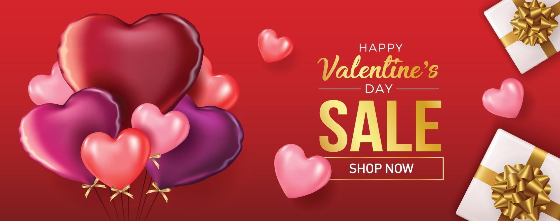 Happy Valentine's Day banner. Holiday background design with big heart made of pink, red Hearts on black fabric background. Horizontal poster, flyer, greeting card, header for website. Gold metallic text Love, realistic red balloons. Vector Illustration