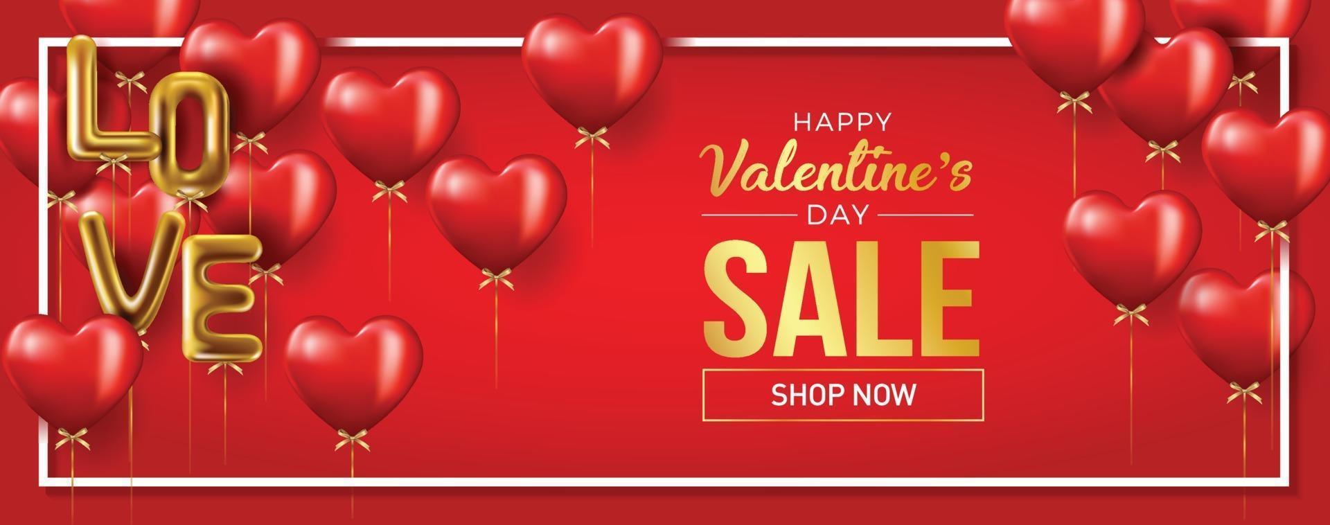 Happy Valentine's Day banner. Holiday background design with big heart made of pink, red Hearts on black fabric background. Horizontal poster, flyer, greeting card, header for website. Gold metallic text Love, realistic red balloons. Vector Illustration