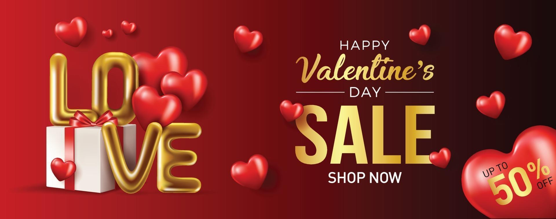 Happy valentines day vector banner greeting card with valentine elements like gift and hearts design in red background. Gold metallic text Love, realistic red balloons. Vector Illustration