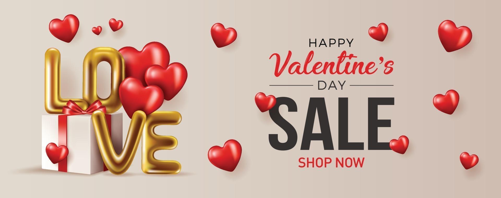 Happy valentines day vector banner greeting card with valentine elements like gift and hearts design in red background. Gold metallic text Love, realistic red balloons. Vector Illustration