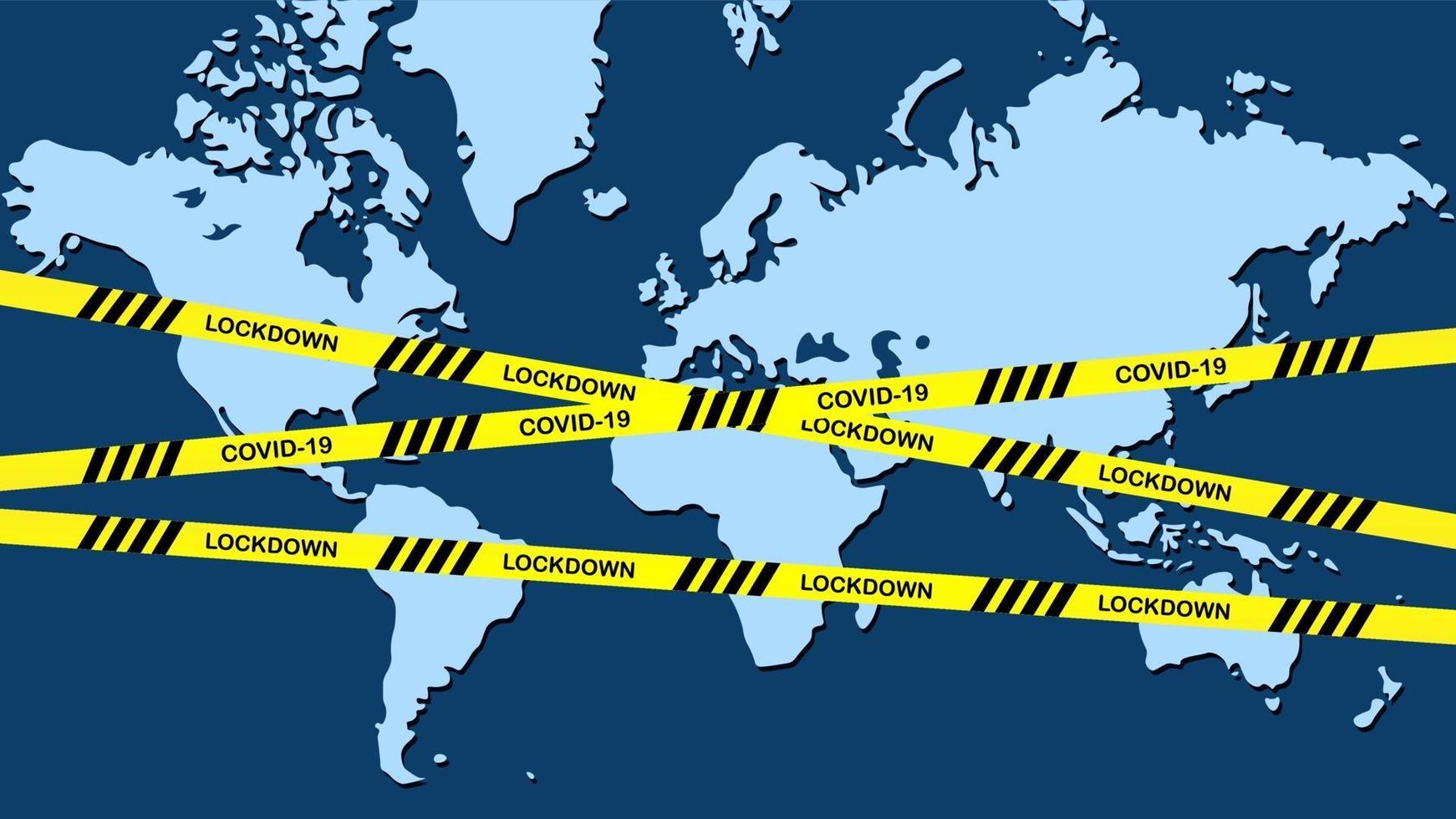 Global lockdown map with yellow warning tape vector