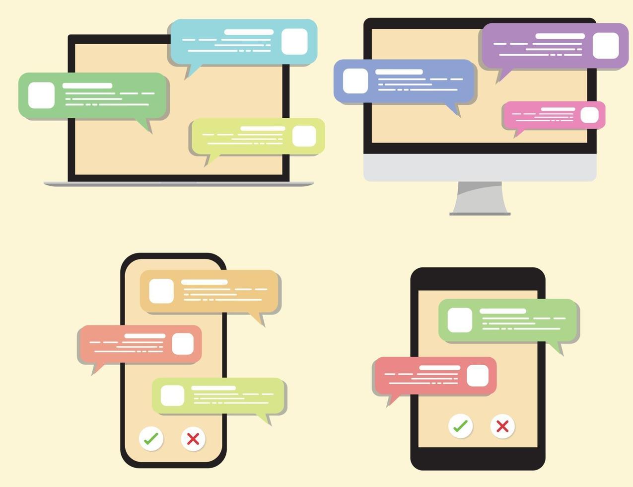 Chat conversations in various tools. Mobile phone, Tablet, Computer, laptop, conversation set. vector