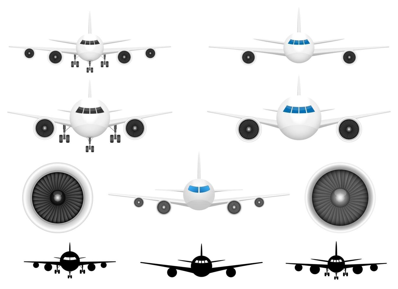 Conjunto de ilustración de diseño de vector de vista frontal de avión aislado sobre fondo