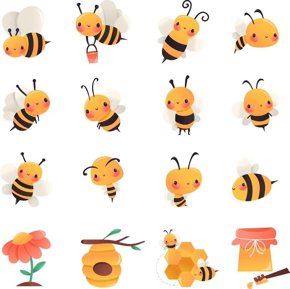 Super Cute Cartoon Honey Bees Set vector