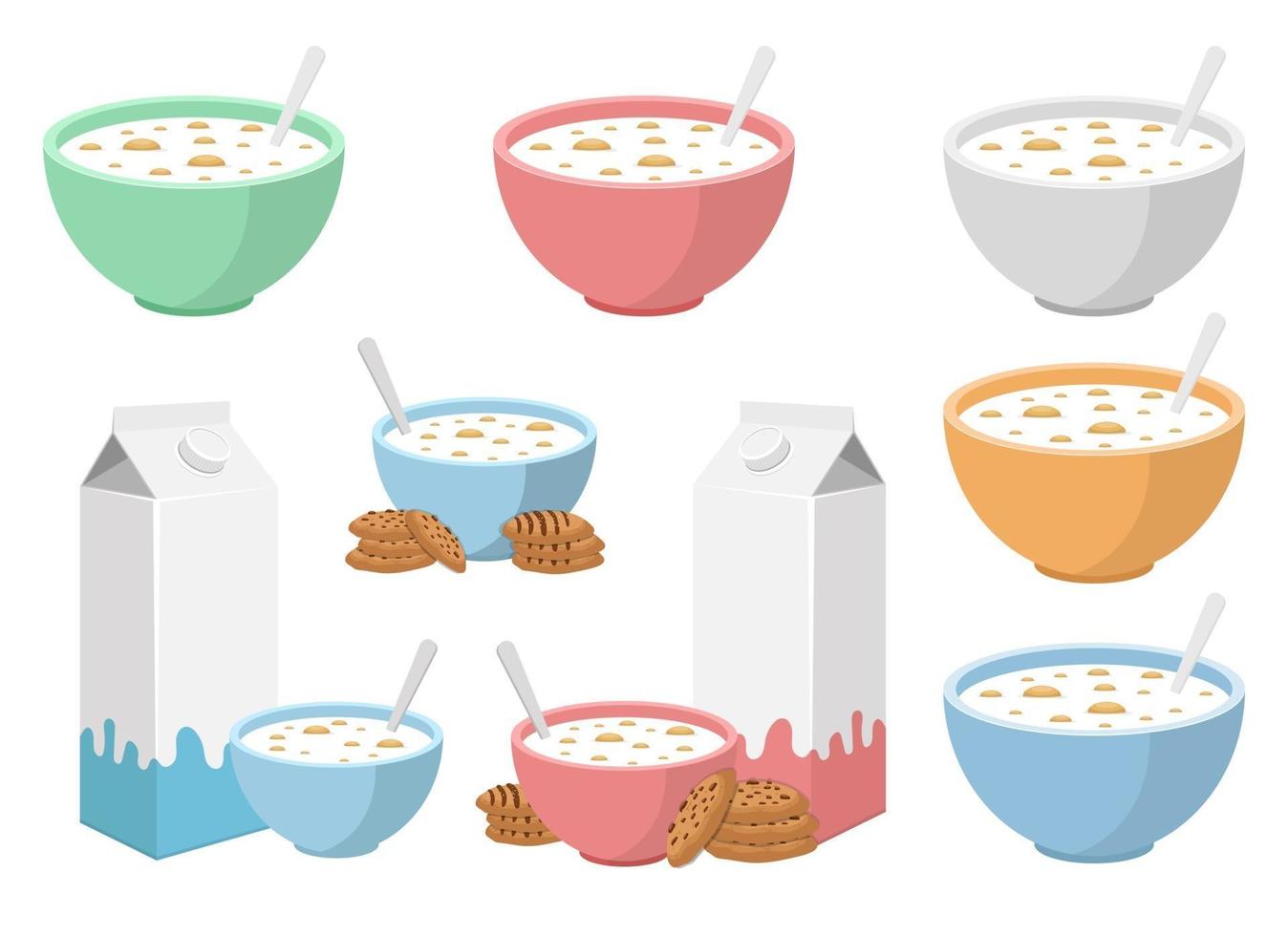 Tazón de cereales con leche conjunto de ilustraciones de diseño vectorial aislado sobre fondo blanco. vector