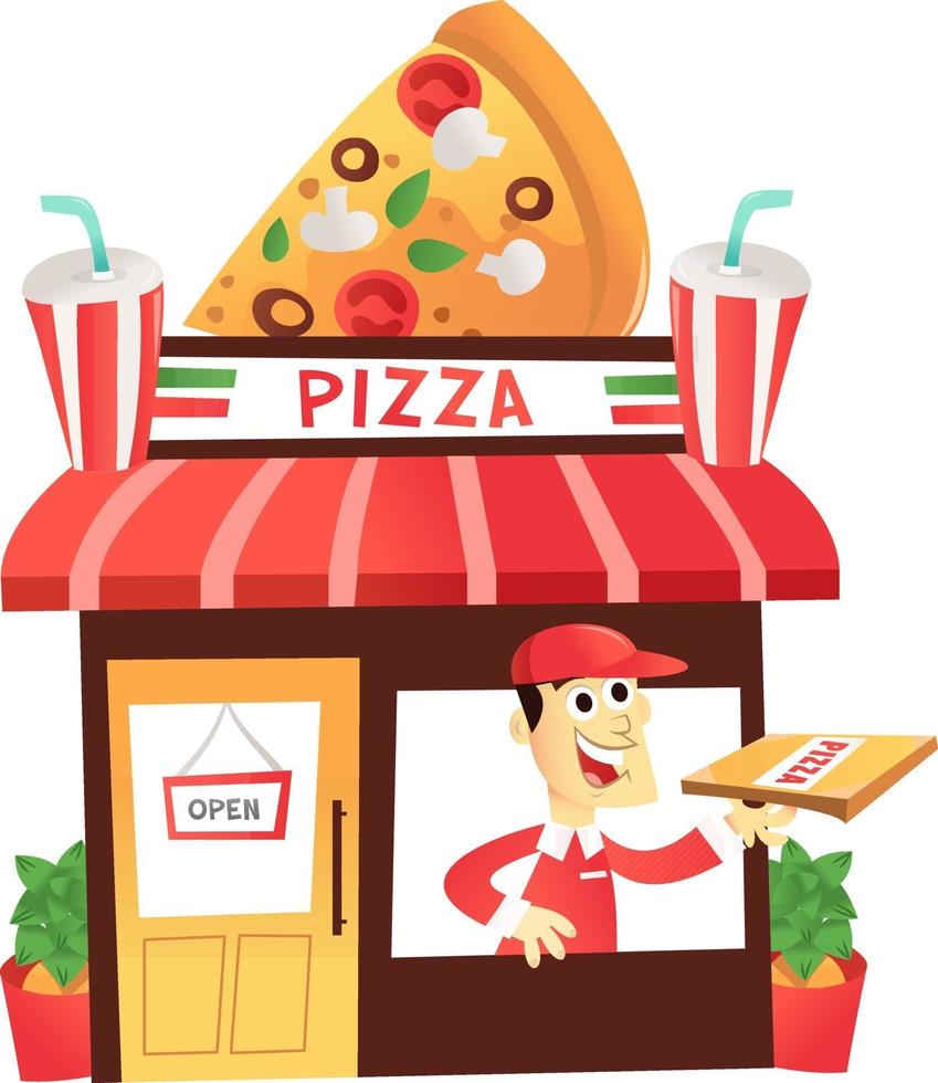 tienda de pizza de dibujos animados con repartidor en la ventana vector