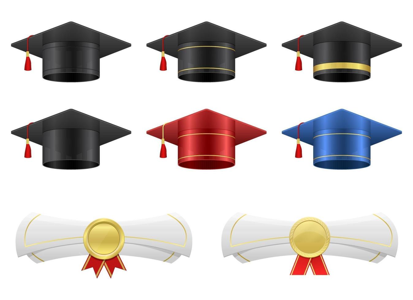 Cap de graduación y diploma conjunto de ilustraciones de diseño vectorial aislado sobre fondo blanco. vector