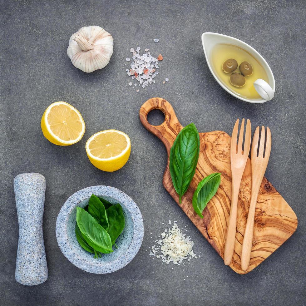 Top view of ingredients for homemade pesto sauce photo