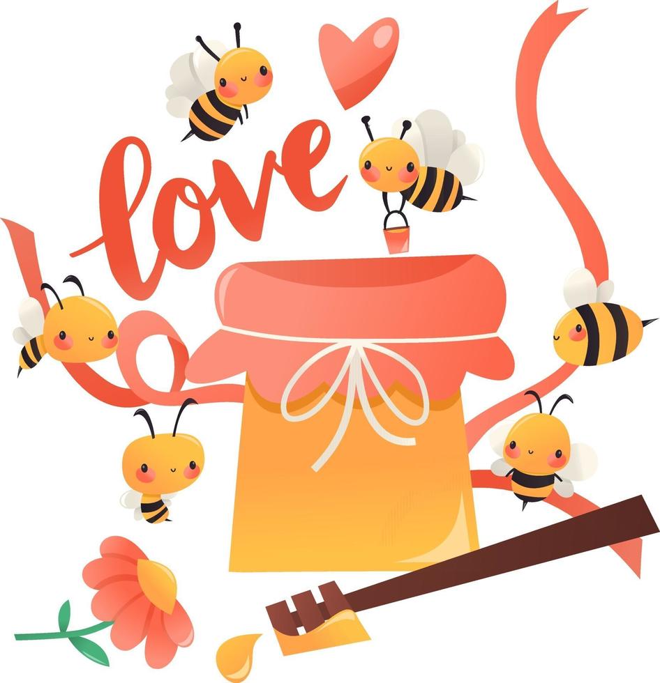 Super Cute Cartoon Bees Around Honey Pot vector