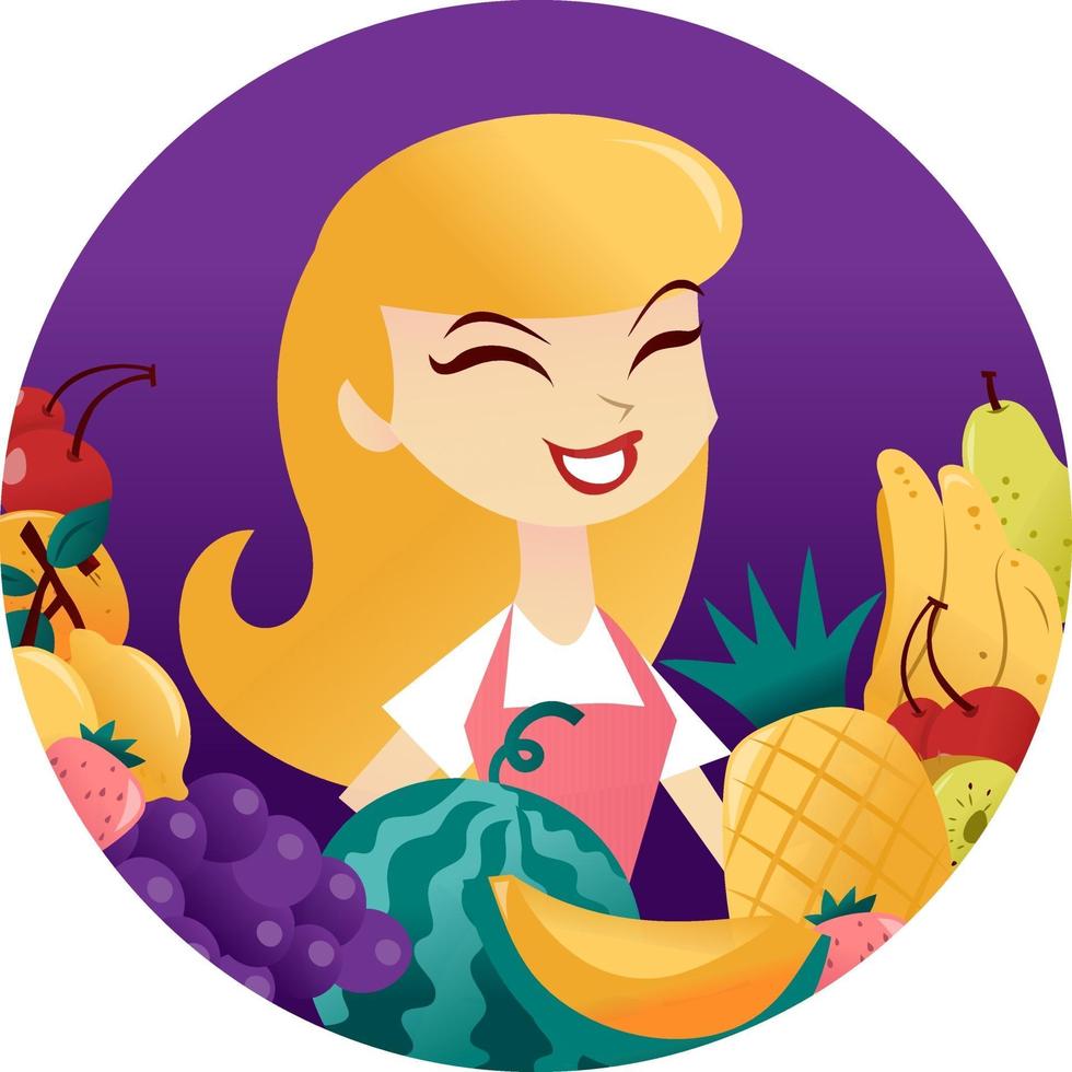 dibujos animados mujer diversión frutas marco redondo vector