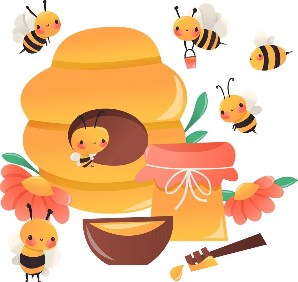 olla de colmena de abejas de miel de dibujos animados super lindo vector