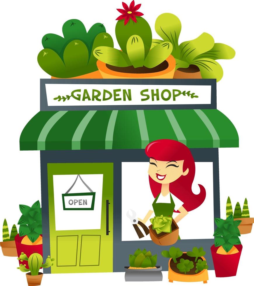 Cartoon Garden Shop With Storekeeper At the Window vector