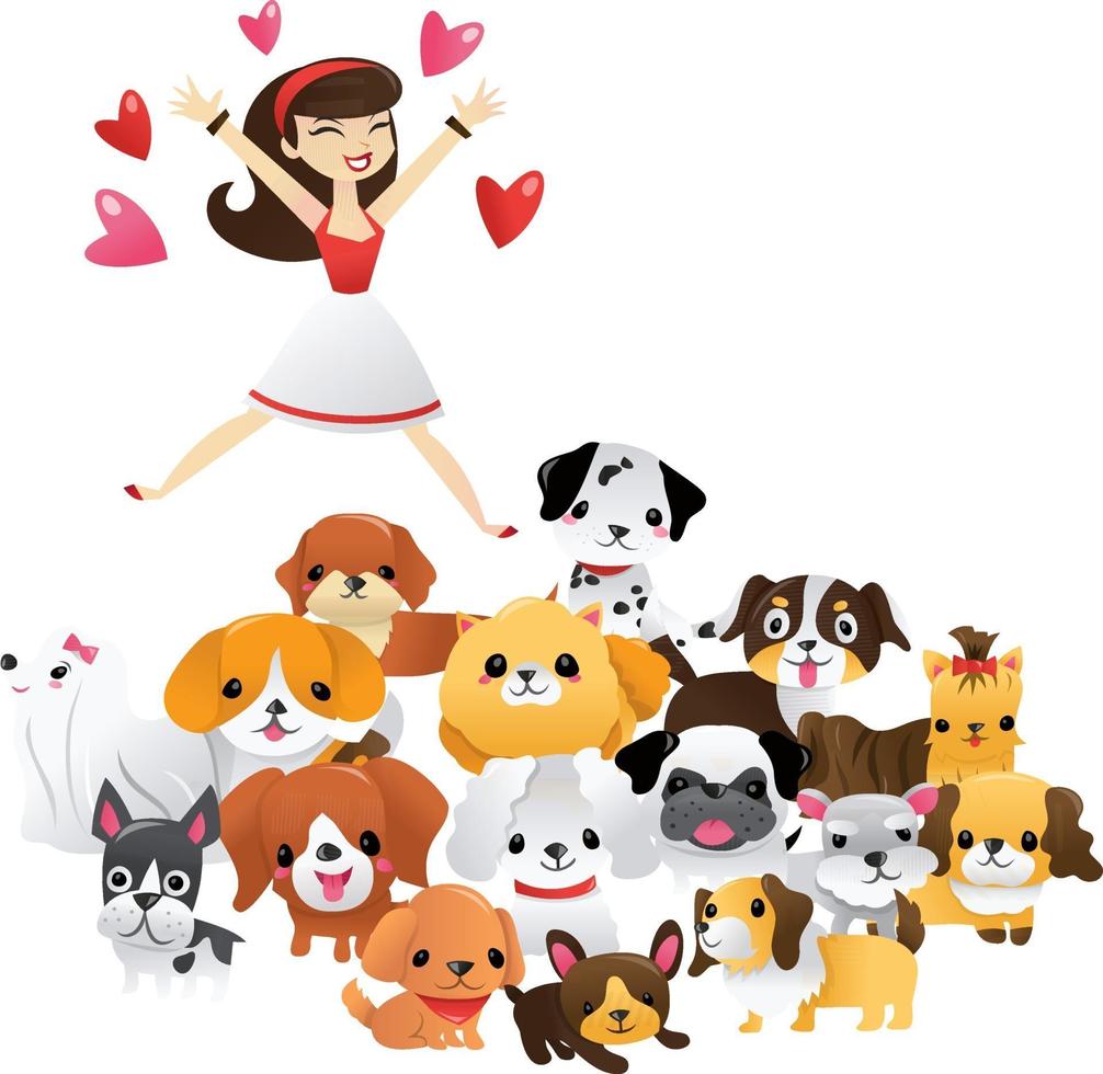 mujer de dibujos animados saltando a un grupo de cachorros lindos vector