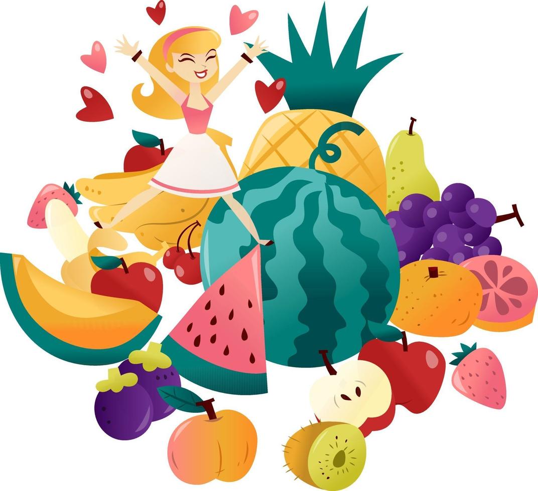 Cartoon Woman Jumping At A Pile of Fun Fruits vector